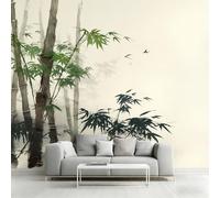 Générique Papier Peint Intissé Forêt de Bambous, Papier Peint Panoramique Bambou Oriental à L'encre Chine 500x350 cm, Papiers Peints Vert Beige Décoration Murale Salon Chambre w6g36