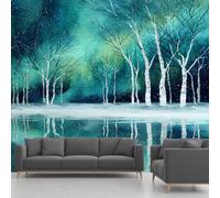 Générique Papier Peint Intissé Forêt, Papier Peint Panoramique Bouleau Lac Réflexion Aurore Boréales, Fresque Murale - Décoration Murale Pour Salon, Chambre, Bureau - 400 x 280 cm(non adhésif)