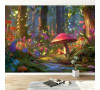 Générique Papier Peint intissé Forêt Plantes Fleurs Champignons, Fresque Murale Design Dessin Animé 400L x 280H cm pour Chambre et Bureau - Papier Peint Panoramique Facile à Poser - Décoration Murale