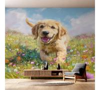 Générique Papier Peint Intissé Golden Retriever, Papier Peint Panoramique Fleurs Sauvage Chiot Mignon pour Salon Chambre Bureau Couloir, Décoration Murale, 250 x 175 cm (L x H) Y&W83