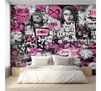 Générique Papier Peint Intissé Graffiti Rose et Noir, Papier Peint Panoramique Street Art Urbain Hip-Hop Grunge 310x250 cm, Papiers Peints Rose Noir Décoration Murale Salon Chambre w6g23