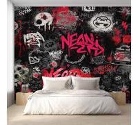 Générique Papier Peint Intissé Graffiti Rouge et Noir, Papier Peint Panoramique Hip-Hop Street Art Urbain 250x175 cm, Papiers Peints Rouge Noir Décoration Murale Salon Chambre w6g23