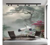 Générique Papier Peint Intissé Grue de Chine, Papier Peint Panoramique Paysage Oriental Asiatique 366x254 cm, Papiers Peints Gris Vert Décoration Murale Salon Chambre w6g5