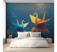 Générique Papier Peint Intissé Grue en Origami, Papier Peint Panoramique Grue en Origami Moderne 450x260 cm, Papiers Peints Bleu Jaune Décoration Murale Salon Chambre w6g29