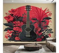 Générique Papier Peint Intissé Guitare Vintage, Papier Peint Panoramique Musique Florale Tropicale pour Salon Chambre Bureau Couloir, Décoration Murale, 300 x 250 cm (L x H) Y&W69