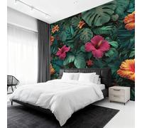 Générique Papier Peint Intissé Hibiscus, Papier Peint Panoramique Feuille Fleur Tropicale pour Salon Chambre, Déco Murale Maison, Décoration Photo Murale 300x250 cm K-MZ&6