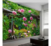 Générique Papier Peint Intissé Jardin 400L x 280H cm, Papier Peint Panoramique Botanique Floral Rose Roses Grain du Bois - Grandes Poster Mural Photo pour Salon Chambre Restaurant DéCor Fond Tv