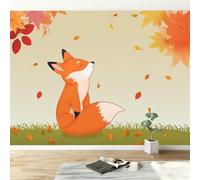 Générique Papier peint intissé jaune 350L x 256H cm, Papier peint panoramique animaux de dessin animé renard feuilles - grandes poster mural photo pour salon chambre restaurant décor fond TV