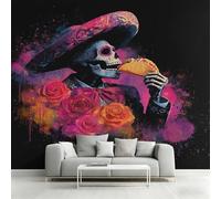 Générique Papier Peint Intissé Jour Des Morts, Papier Peint Panoramique Crâne de Sucre Mexicain 500x350 cm, Papiers Peints Rose Orange Noir Décoration Murale Salon Chambre w6g36