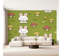 Générique Papier Peint Intissé Lapin Mignon, Papier Peint Panoramique Champignon Animaux Forêt 300x210 cm, Papiers Peints Vert Blanc Décoration Murale Salon Chambre w6g3