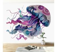 Générique Papier peint intissé minimaliste 250L x 175H cm, Papier peint panoramique aquarelle océan animal méduse - grandes poster mural photo pour salon chambre restaurant décor fond TV