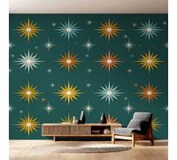 Générique Papier Peint Intissé Moderne du Milieu du Siècle, Papier Peint Panoramique Géométrie Atomique Années 50 400x280 cm, Papiers Peints Orange Bleu Sarcelle Décoration Murale Salon Chambre w6g28