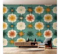 Générique Papier Peint Intissé Moderne du Milieu du Siècle, Papier Peint Panoramique Géométrie Rétro Années 50 300x210 cm, Papiers Peints Bleu Sarcelle Orange Décoration Murale Salon Chambre w6g28