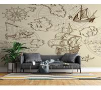 Générique Papier Peint Intissé Navire Carte 3D Moderne Photo Mural Navigation Boussole Décoration Murale Grand Format XXL pour Salon Cuisine Bureau Chambre d'enfants TV mur 150x105 cm H1184