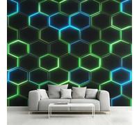 Générique Papier Peint Intissé Nid d'abeille Néon, Papier Peint Panoramique Hexagone Vert Bleu pour Salon Chambre Bureau Couloir, Décoration Murale, 366 x 254 cm (L x H) Y&W87