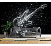 Générique Papier Peint Intissé Noir Et Blanc Guitare 3D Panoramique Poster Photo Mural Musique Ciel étoilé Format XXL Murale pour Salon Restaurant Couloir TV mur Décoration Murale 200x140 cm R-97