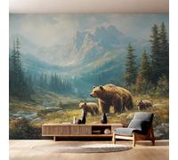 Générique Papier Peint Intissé Ours, Papier Peint Panoramique Faune Sauvage Rustique Montagne 416x254 cm, Papiers Peints Brun Vert Décoration Murale Salon Chambre w6g11