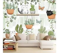 Générique Papier Peint intissé Panoramique 3D Motif Blanc Mignon Plantes Chats Papillons 300 x 210 cm, Poster Mural Personnalisé, Autocollante Stickers pour Salon Chambre Restaurant Décoration Murale