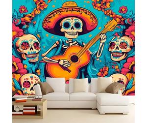 Générique Papier Peint intissé Panoramique 3D Motif Bleu Art Musique Fleurs Crânes 250 x 175 cm, Poster Mural Personnalisé, Autocollante Stickers pour Salon Chambre Restaurant Décoration Murale