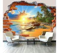 Générique Papier Peint intissé Panoramique Brèche Mur 3D Relief 300 x 210 cm, Plage Tropicale Coucher Soleil Papier Peint - Pour Salon Chambre Salle à manger Décoration Murale, Taille Sur Mesure