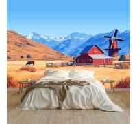 Générique Papier Peint Intissé Panoramique Campagne Pâturage Grange Moulin À Vent Chaîne 250 x 175 cm Bleu - Tapisserie Fresque Murale Décoration d'intérieur pour Chambre et Salon