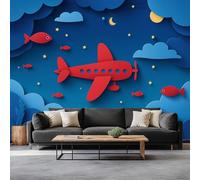 Générique Papier Peint Intissé Panoramique Ciel Étoilé Dessin Animé Avion, Tapisserie Photo Mural Poster Bleu pour Salon Chambre Chambre Enfants Bureau Décoration de Maison 250 x 175 cm