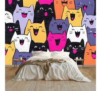 Générique Papier Peint Intissé Panoramique Dessin Animé Chat Animal Mignon Langue 350 x 256 cm Gris-Noir - Tapisserie Fresque Murale Décoration d'intérieur pour Chambre et Salon