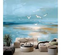 Générique Papier Peint Intissé Panoramique Paysage Côtier Oiseaux Volants, Tapisserie Photo Mural Poster Bleu Clair pour Salon Chambre Chambre Enfants Bureau Décoration de Maison 300 x 210 cm
