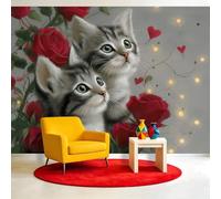 Générique Papier Peint intissé Panoramique Roses Romantiques 350 x 256 cm, Chat Mignon Papier Peint - Pour Salon Chambre Salle à manger Décoration Murale, Taille Sur Mesure