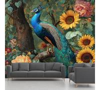 Générique Papier Peint Intissé Paon, Papier Peint Panoramique Tournesol Fleur Pivoine Arbre Forêt, Fresque Murale - Décoration Murale Pour Salon, Chambre, Bureau - 350 x 256 cm(non adhésif)