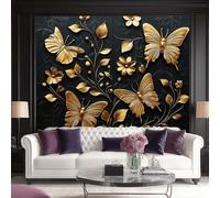 Générique Papier peint intissé Papillon Effet 3D Moderne - Papier peint texturé 400 x 280(WxH) en Noir et or, fresque murale pour chambre & couloir, décoration murale pose facile