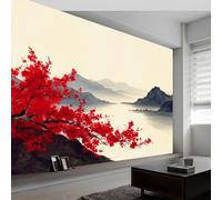Générique Papier Peint Intissé Paysage Chinois 200L x 140H cm, Papier Peint Panoramique Bord de Lac Brume Montagnes Fleurs - Grandes Poster Mural Photo pour Salon Chambre Restaurant Décor Fond Tv