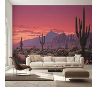 Générique Papier Peint Intissé Paysage Désertique, Papier Peint Panoramique Paysage Désertique Avec Cactus 350x250 cm, Papiers Peints Gris Violet Vert Décoration Murale Salon Chambre w6g38