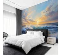 Générique Papier Peint Intissé Paysage Marin, Papier Peint Panoramique Coucher de Soleil Paysage Côtier 250x175 cm, Papiers Peints Jaune Bleu Décoration Murale Salon Chambre w6g9