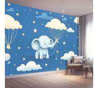 Générique Papier Peint Intissé Paysages Oniriques Bébés Éléphants Montgolfières Pour Chambre Salon, Bleu Design Non Tissé Prêt pour le montage 300 x 210 cm（WxH