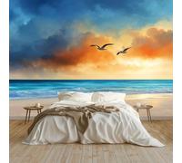 Générique Papier Peint Intissé Peinture À L'Huile Paysage Marin Oiseaux Panoramique Papier Peint 250x175 cm pour Salon Chambre Décoration Murale pour Adolescents et Enfants Murale