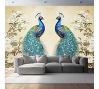 Générique Papier peint intissé Peinture De Paysage Traditionnelle Chinoise 350 x 256 cm (W x H) Toison Mur Tableaux Muraux Tapisserie Photo Décoration Murale Salon Chambre Fleurs De Paon Bleu