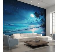 Générique Papier Peint Intissé Plage Ciel Étoilé, Papier Peint Panoramique Paysage Océanique Tropical 300x210 cm, Papiers Peints Bleu Foncé Décoration Murale Salon Chambre w6g37