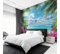 Générique Papier Peint Intissé Plage Tropicale, Papier Peint Panoramique Paysage Marin Côtier 366x254 cm, Papiers Peints Bleu Blanc Vert Décoration Murale Salon Chambre w6g9