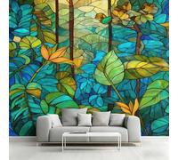Générique Papier Peint Intissé Plante en Vitrail, Papier Peint Panoramique Jungle Tropicale Abstrait 200x140 cm, Papiers Peints Bleu Vert Jaune Décoration Murale Salon Chambre w6g18