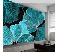 Générique Papier Peint Intissé Plantes Turquoise Floral Rayures 300L x 210H cm, Papier Peint Panoramique Moderne - Grandes Poster Mural Photo pour Salon Chambre Restaurant Décor Fond TV Salle de Jeux