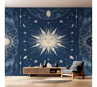 Générique Papier Peint Intissé Soleil et Lune, Papier Peint Panoramique Astrologie Céleste Mystique 450x260 cm, Papiers Peints Bleu Marine Décoration Murale Salon Chambre w6g28