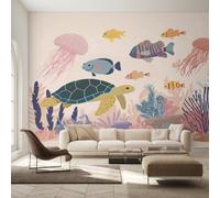 Générique Papier Peint Intissé Sous La Mer, Papier Peint Panoramique Faune Marine de Dessin Animé Enfants 416x254 cm, Papiers Peints Vert Rose Décoration Murale Salon Chambre w6g16