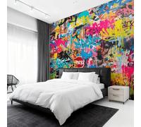 Générique Papier Peint Intissé Street Art, Papier Peint Panoramique Graffiti Hip Hop Moderne 350x250 cm, Papiers Peints Jaune Bleu Décoration Murale Salon Chambre w6g9