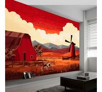 Générique Papier Peint Intissé Style Champêtre 400L x 280H cm, Papier Peint Panoramique Ferme Grange Montagnes Moulin à Vent - Grandes Poster Mural Photo pour Salon Chambre Restaurant Décor Fond Tv