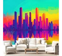 Générique Papier peint intissé style Néon, Architecture, papier peint panoramique Coloré, ville mural pour meuble en rouleau, salon, décoration murale 450 x 315 cm