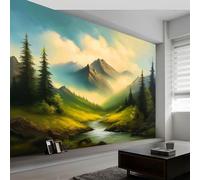 Générique Papier Peint Intissé Style Peinture À L'Huile 250L x 175H cm, Papier Peint Panoramique Montagnes Forêt Arbres Verts - Grandes Poster Mural Photo pour Salon Chambre Restaurant Décor Fond Tv