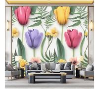 Générique Papier peint intissé Style Rétro Tulipe Marguerite Feuilles De Fougère - 250 x 175 cm (W x H), décorative papier peint panoramique pour salon, chambre ou chambre d’enfant