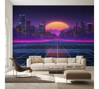 Générique Papier Peint Intissé Synthwave Années 80, Papier Peint Panoramique Retrowave Paysage Urbain Grille 300x210 cm, Papiers Peints Violet Bleu Orange Décoration Murale Salon Chambre w6g30