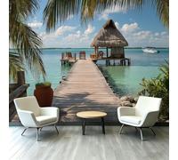 Générique Papier peint intissé Vacances Tropicales 150 x 105 cm, Papier peint Côte Ponton Chalet Photo Panoramique, Décoration Murale Facile à Poser pour Salon Chambre à Coucher Cuisine